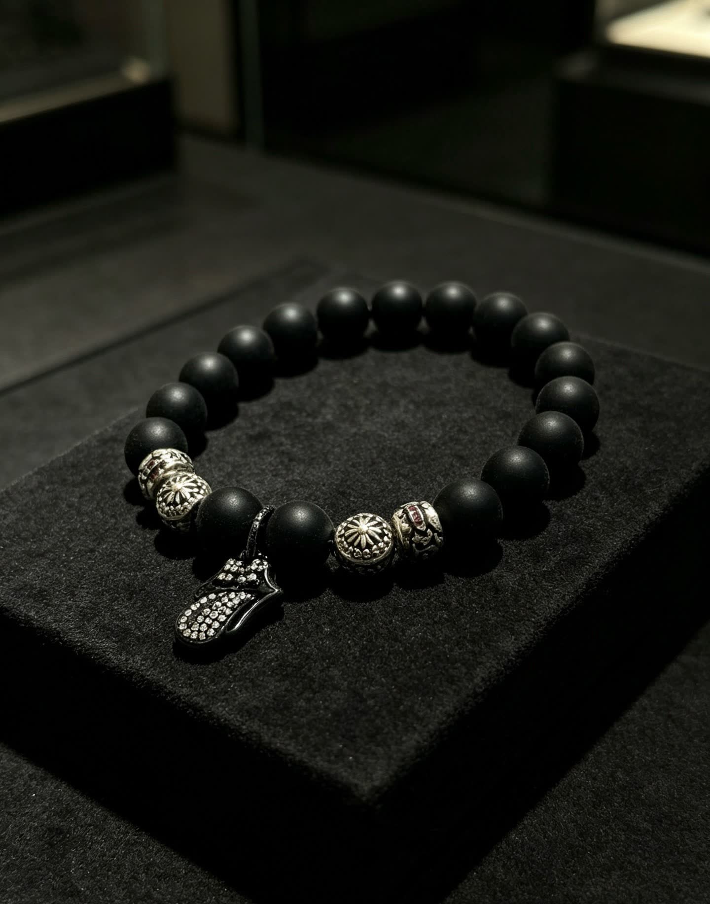 Chrome Hearts Black Beaded Bracelet with Silver Charms